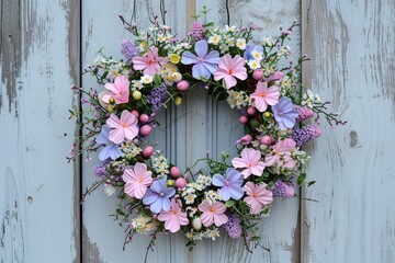 Fototapeta na wymiar Springtime Haven: Elegant Easter Wreath on Rustic Wooden Door