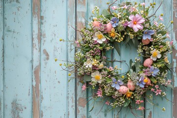 Serene Spring: Easter Wreath Adorning a Vintage Turquoise Door