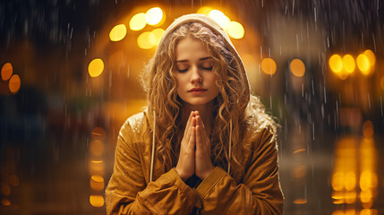 Beautiful woman praying under the rain outdoor, facing camera, symbolizing faith and religion