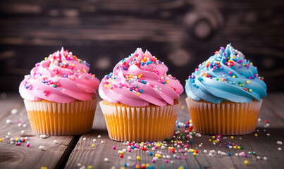 Cupcakes with colorful sprinkles on wooden background. Toned. - Powered by Adobe
