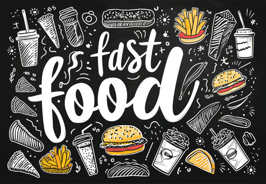 Set of fast food doodles on chalkboard. Vector illustration. Perfect for menu or food package design.