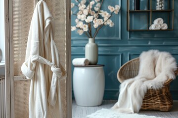 Comfortable bathrobe hung on screen in stylish room interior