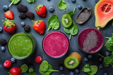 Colorful smoothies green purple and red with healthy ingredients for detox or diet purposes
