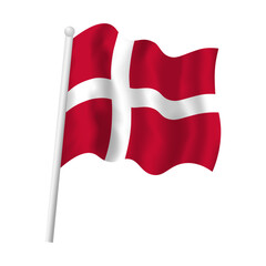 Denmark flag on flagpole waving in wind. Danish flag red with white cross vector isolated object illustration