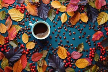 Coffee cup surrounded by leaf and berry pattern with coffee beans