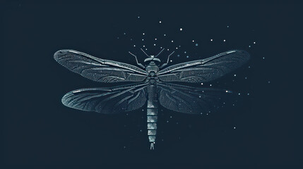  a black and white drawing of a dragonfly on a dark background with drops of water on it's wings and the wings of its wings spread wide open. - obrazy, fototapety, plakaty