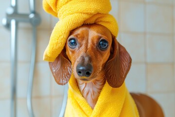 Daily pet grooming cute dachshund pup in yellow bathrobe towel wrapped head stands in the shower after bath
