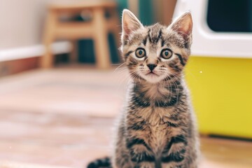 Cute European kitten posing in front of a yellow and white covered litter box on wooden floor
