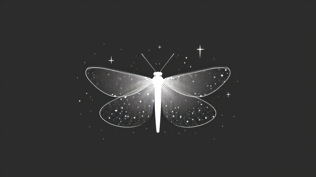  a black and white photo of a butterfly with stars on it's wings and a star in the middle of it's wings, on a black background.