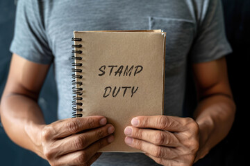 A man holds a notebook with the words Stamp duty. Taxes assessed during the transfer of real estate between two parties. Buying housing and land. Property. Stamp Duty Land Tax SDLT.