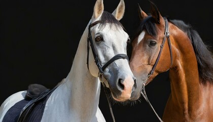 Two horses together. A white horse next to another brown one. Isolated on black background