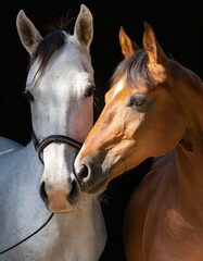 Two horses together. A white horse next to another brown one. Isolated on black background