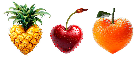 Set of fruits in the form of a heart without background, cherry, pineapple, mardarine