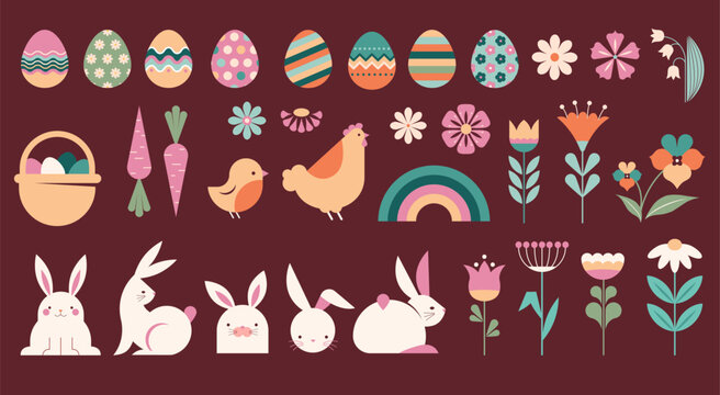 Happy Easter collection of illustrations, icons, symbols and graphic elements. Pastel color set with bunnies, flowers, eggs and basket, Easter card, banner design