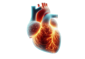 Heart Organ Technology Isolated Transparent Background. Human Heart Glowing Colorful. Artificial Heart Technology. 3D Print Heart. Future Health Industry.