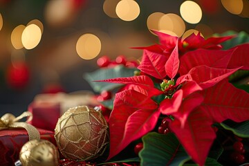 Festive background with Christmas decorations presents and a beautiful red Poinsettia flower