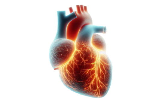 Heart Organ Technology Isolated Transparent Background. Human Heart Glowing Colorful. Artificial Heart Technology. 3D Print Heart. Future Health Industry.