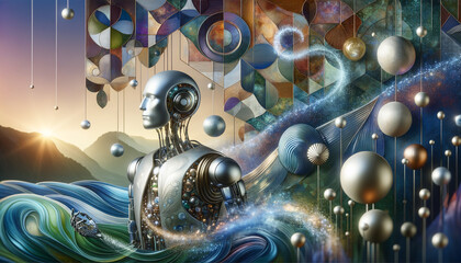 Futuristic humanoid robot with organic design in a harmonious natural environment.