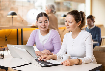 Positive female freelancers sitting at table with cup of coffee and laptop, browsing websites on internet