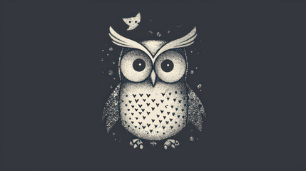  a black and white drawing of an owl with a bird on it's head, on a dark background, with a smaller bird sitting on top of it's head.