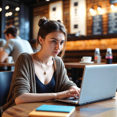 Fototapeta premium woman sitting at a table in a café with her laptop looking at the screen