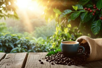 Freshly brewed coffee on wooden table with sack of beans plants and coffee field in background sun rays