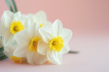 Fresh white and yellow narcissus flowers on a light pink table background Close up pastel colors Congratulation idea Wide banner with space for tex