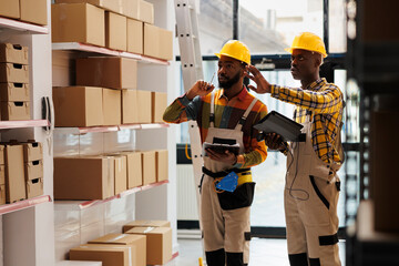Warehouse manager training assistant doing inventory with barcode scanner and tablet app. Young african american storehouse employee taking notes while supervisor explaining stock management