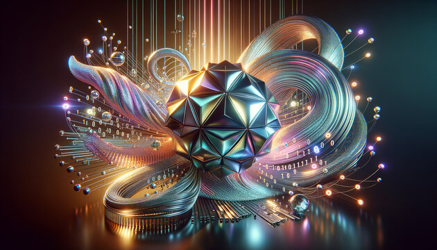 Abstract metallic data modeling with iridescent surfaces and flowing binary streams.