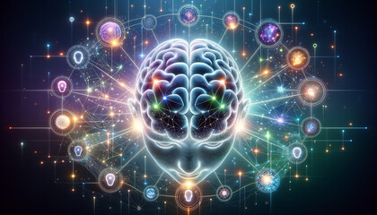 Obraz premium Harmony of Mind and Machine: 3D Brain with Neural Pathways and Emotional Expressions
