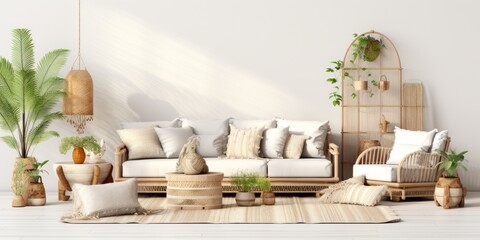 Create a stylish bohemian living room with gray sofa, wooden cube, commode, beige macrame, rattan lamp, plants, plaid, flowers, and elegant decor. Template.