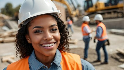 Smiling young black woman in hard hat and orange reflective vest posing at a construction site with workers in the background.