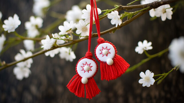Martisor, red and white, yarn floss thread, holiday of welcoming spring in Moldova and Romania, celebrated on March , tradition give boutonnieres in the form of flowers Baba Marta.