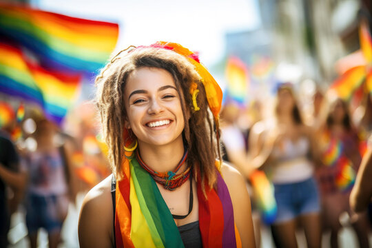 happy Woman on a vibrant lgbtqi pride parade