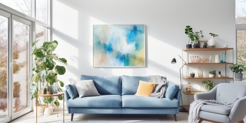 Photo of bright living room with blue couch, paintings, window, and plants.