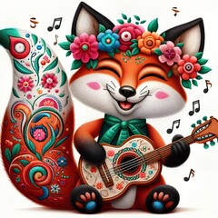 Cute fox with ukulele. Magic animals art. Fashion template for clothes, t-shirt design