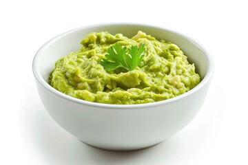 Healthy avocado spread in a bowl on a white stone background Top view