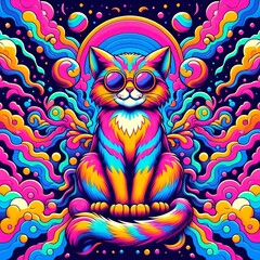 Fototapeta premium Psychedelic portrait of a cat, close-up, illustration. Visualization in the form of a colorful cat born from fantasy in a dreamy and spiritual appearance