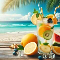 Tropical cocktail on the beach. Tropical fruits and Cocktails above tropical sandy beach. Tropical cocktail, juice and fruits.