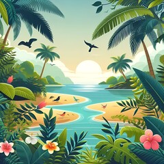 Tropical garden colorful Illustration floral drawing background postcard digital artwork, banner, website, flyer, Ads, gift, Card, booklet template
