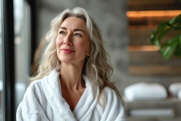 Obraz premium Happy middle aged woman in bathrobe at spa salon hotel looking away advertising bodycare spa procedures for anti aging and dry skin