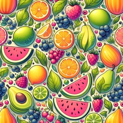  Tropical seamless pattern with tropical fruits. Cute summer background for fabrics, decorative paper, textile print. Templates for celebration, ads, branding, banner, cover, label, poster