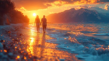  a couple of people walking on top of a beach next to a body of water with a sun setting in the sky above the ocean and a mountain range in the distance.