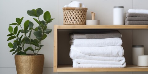 Neatly folded towels in metallic basket, on wooden shelves with potted plant, in minimal bathroom interior.