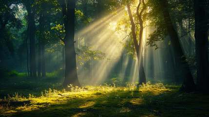 Beautiful Rays of sunlight in a green forest.