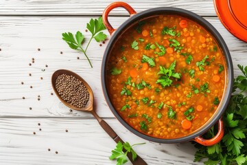 Indian vegetarian cuisine homemade vegan lentil soup with vegetables cilantro on a white wooden background top view
