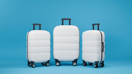 Three white traveling suitcases on blue background. Large and small cases with luggage. 3D rendering.