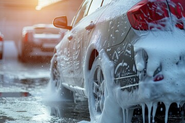 High pressure water used to wash car with white soap foam
