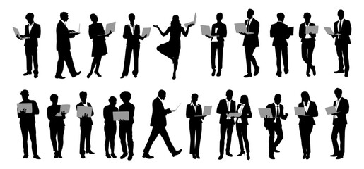 Silhouettes of business people with laptop, men and women full length front, side, back view using computer. Vector illustration isolated black on transparent background . Avatar, icons for website. - obrazy, fototapety, plakaty