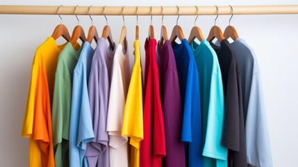 colorful of t-shirt with hangers in market, Fashion style. Neural network AI generated art